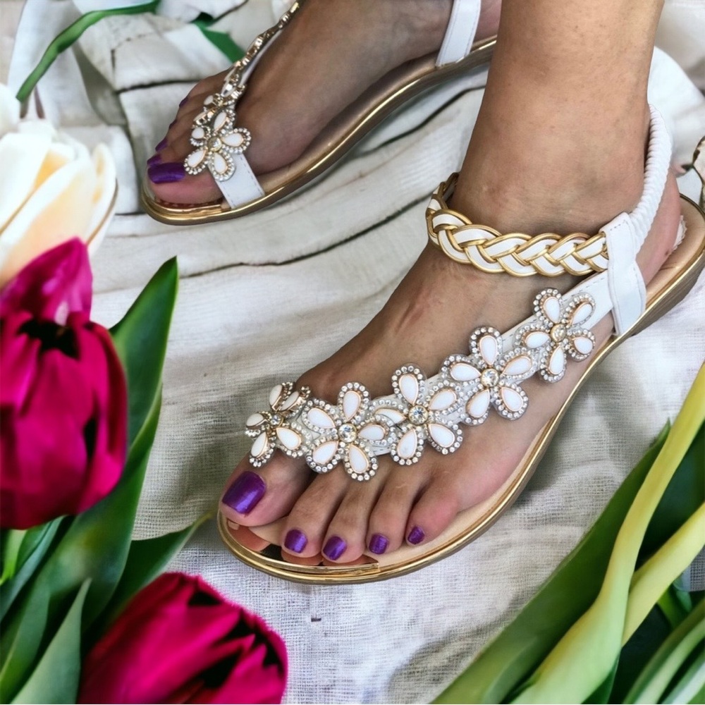 Toe Ring White Floral Rhinestone Embellished Woven Gold Sparkle Flat Sandal - Picture 2 of 11